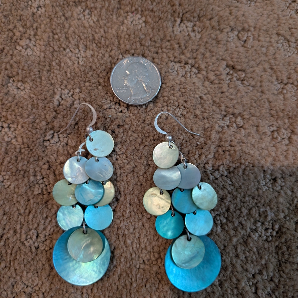 Blue And Green Shell, Silver Tone Dangle Earrings - Picture 2 of 2